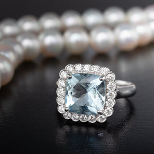 Cushion Cut Aquamarine Cluster Ring