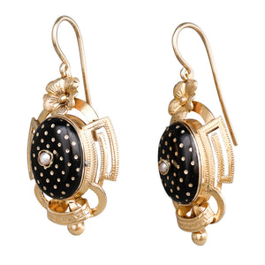 Gold Earrings with Black Enamel
