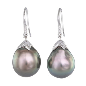 Tahitian Pearl & Diamond Leaf Hooks
