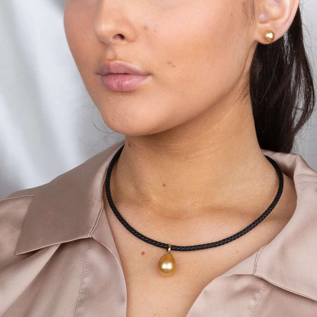 Gold Pearl Black Leather Necklace