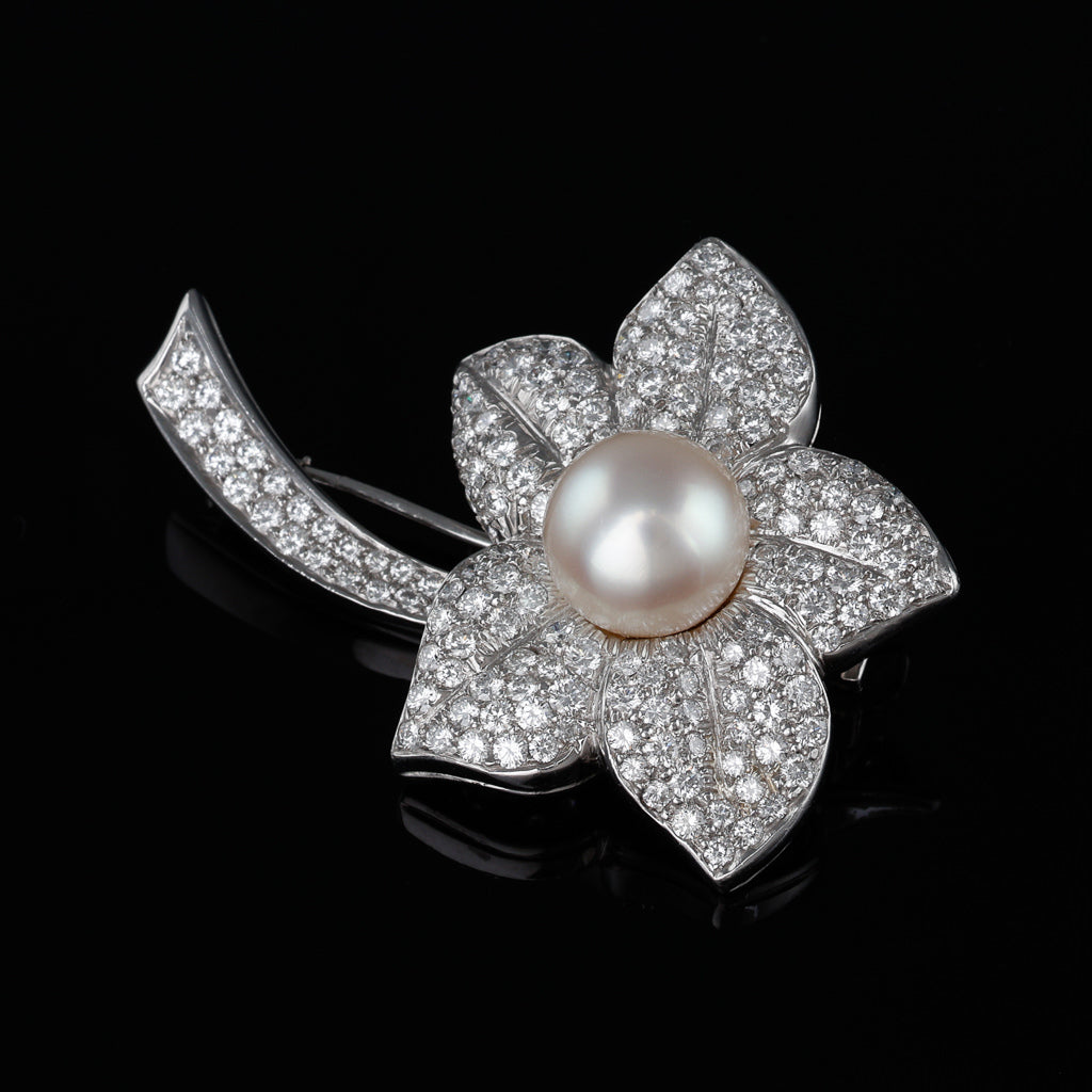Diamond and Pearl Set Flower Brooch
