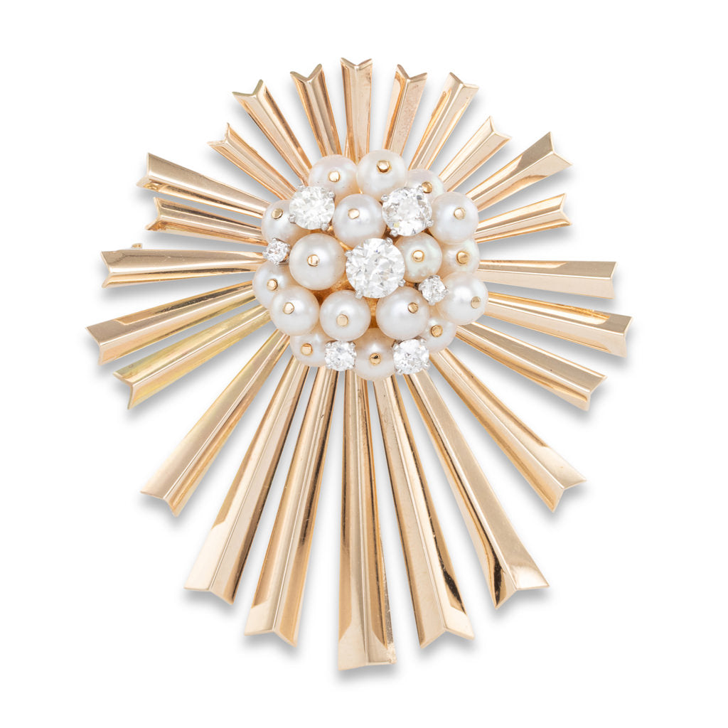 Sunburst Pearl & Diamond Brooch