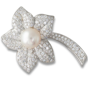 Diamond and Pearl Set Flower Brooch