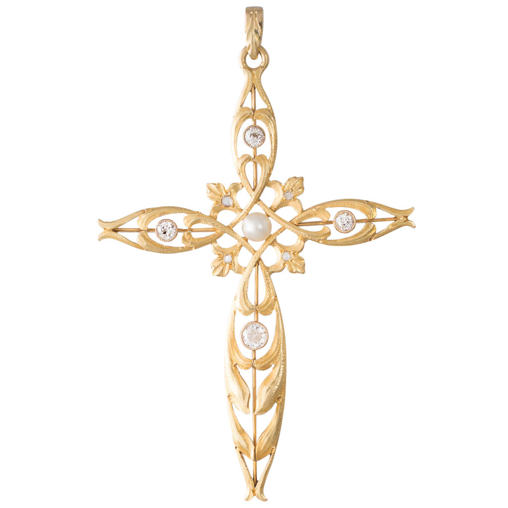 Art Nouveau Diamond & Pearl Cross