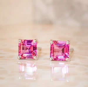 Square Pink Sapphire Studs