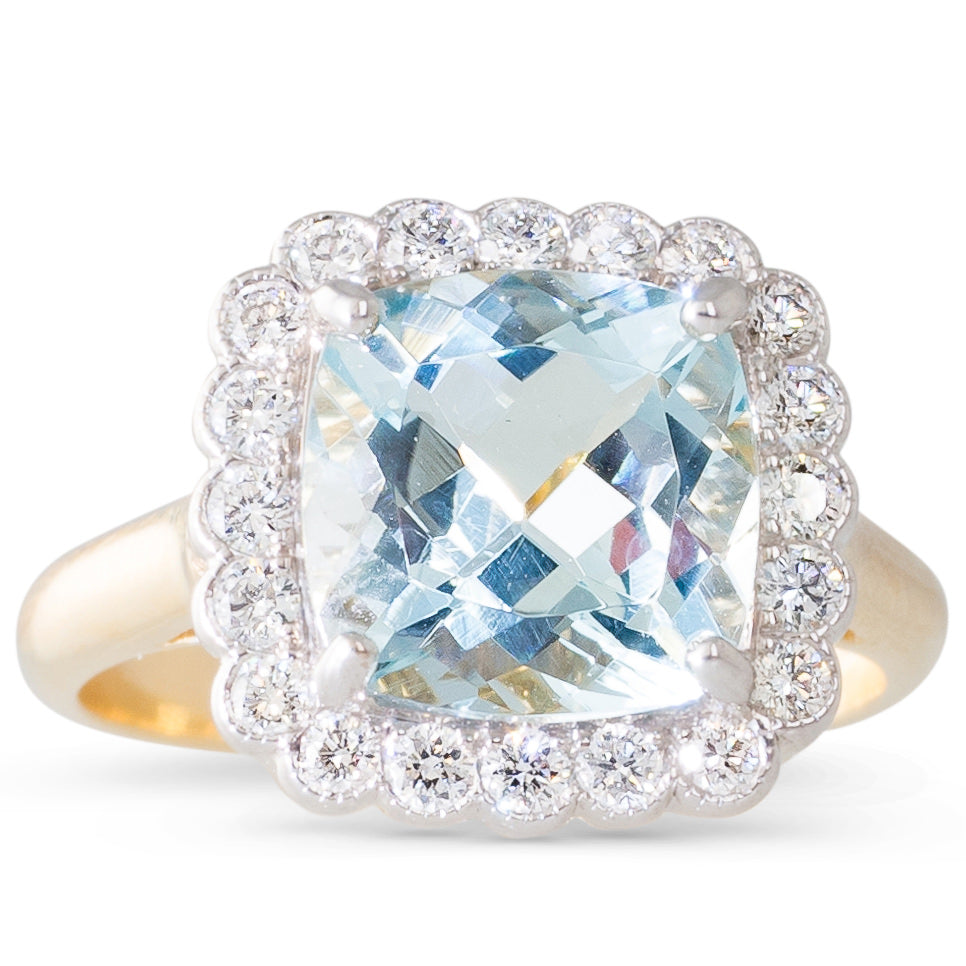 Cushion Cut Aquamarine Cluster Ring