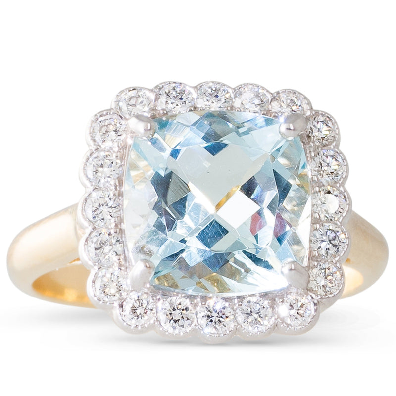 Cushion Cut Aquamarine Cluster Ring Rutherford