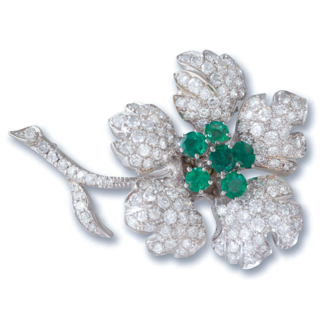 Emerald and Diamond Flower Brooch