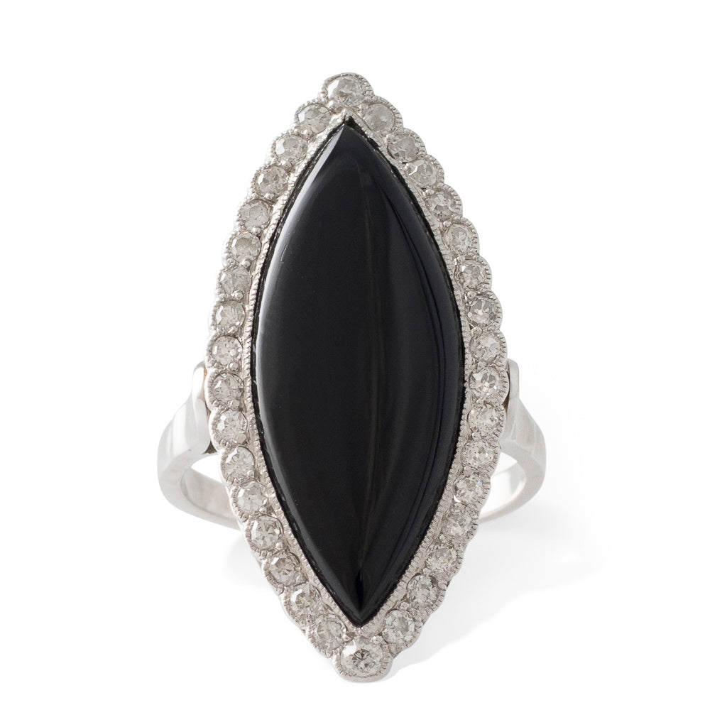 An Onyx and Diamond Navette Ring