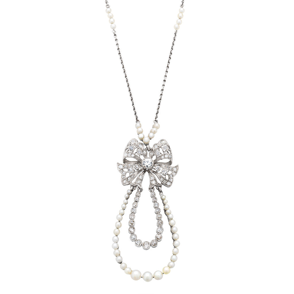 Diamond and Pearl Bow Necklace
