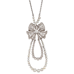 Diamond and Pearl Bow Necklace