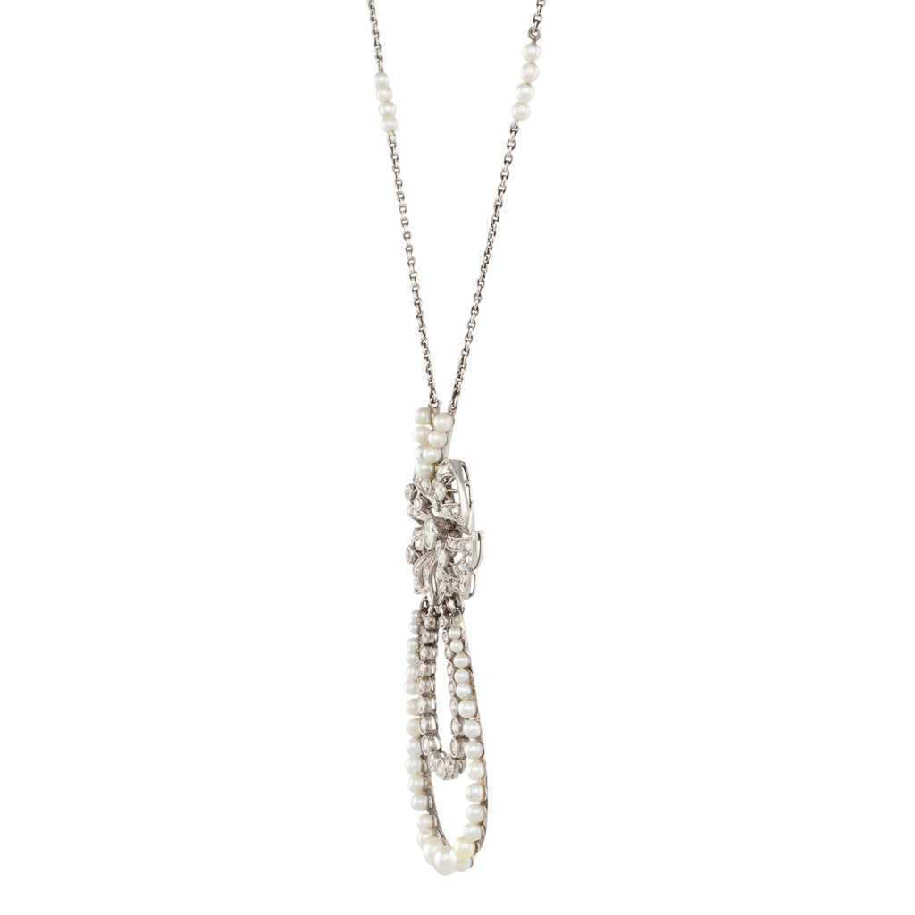 Diamond and Pearl Bow Necklace