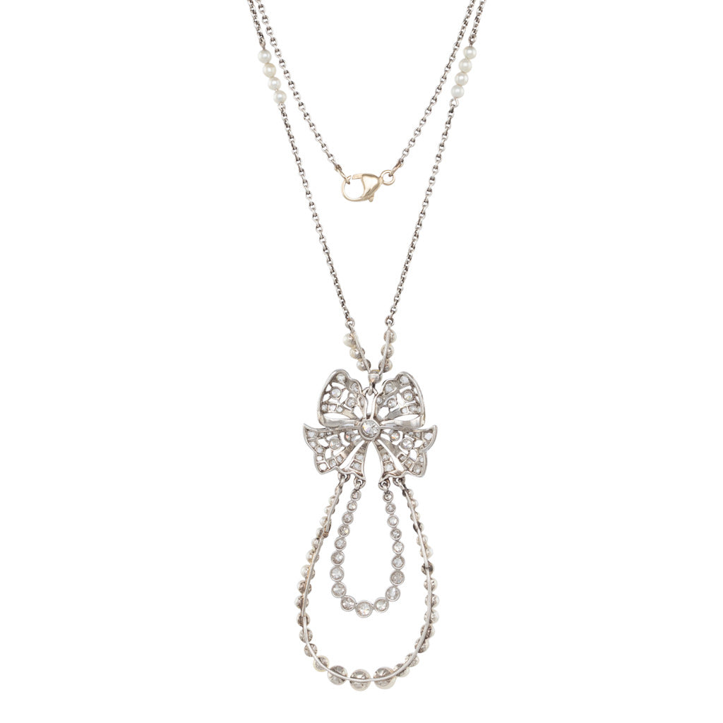 Diamond and Pearl Bow Necklace