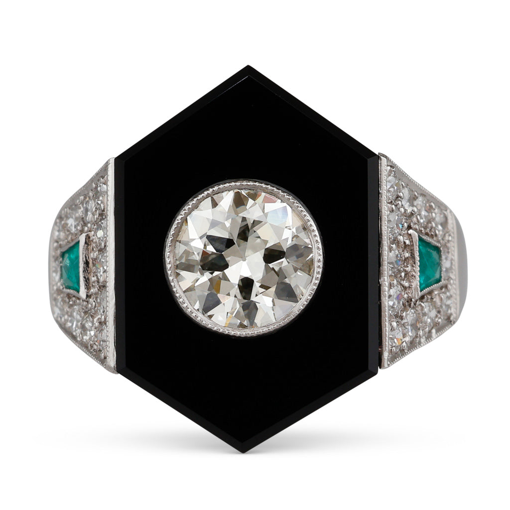 Onyx Diamond and Emerald Ring