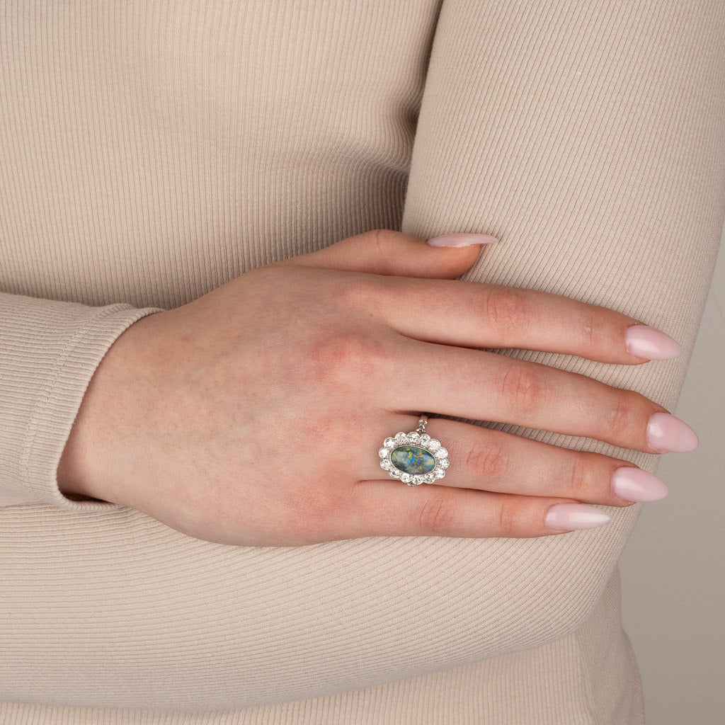 Opal and Diamond Cluster Ring