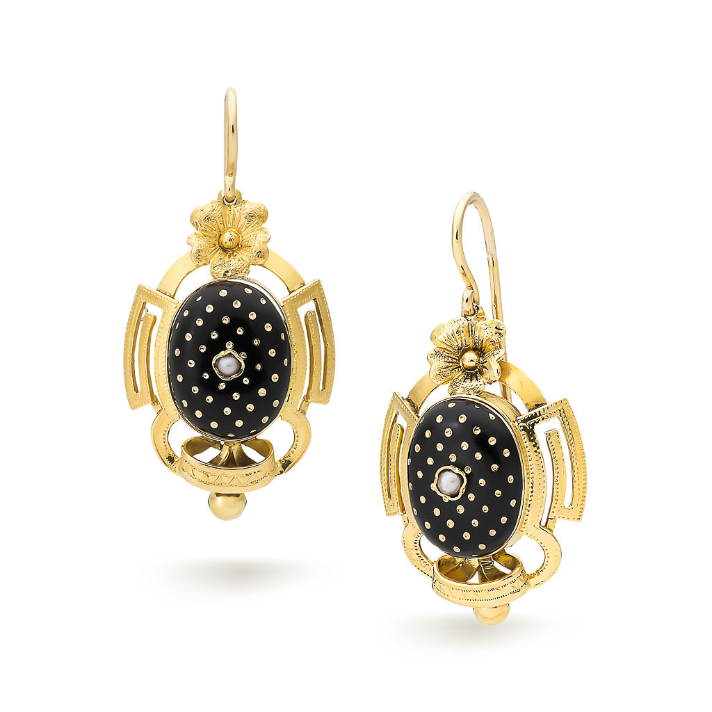 Gold Earrings with Black Enamel