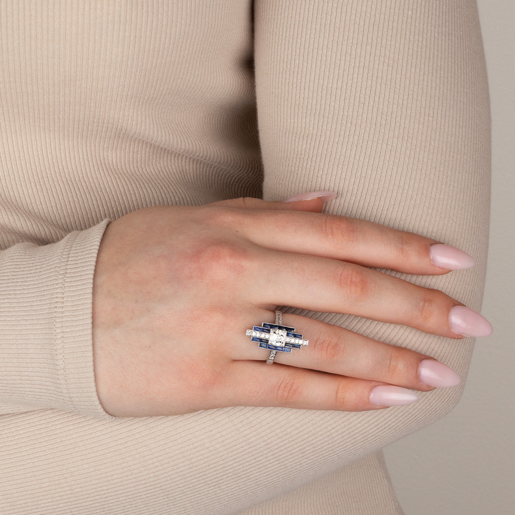 Deco Style Diamond & Sapphire Ring