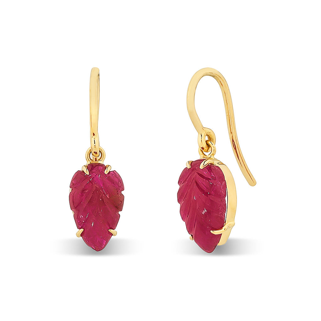 Carved Ruby Leaf Earrings