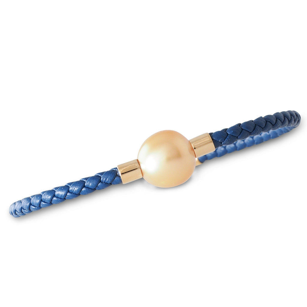 Gold Pearl & Blue Leather Bracelet
