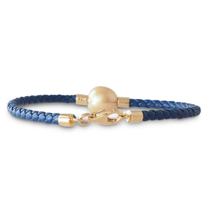 Gold Pearl & Blue Leather Bracelet