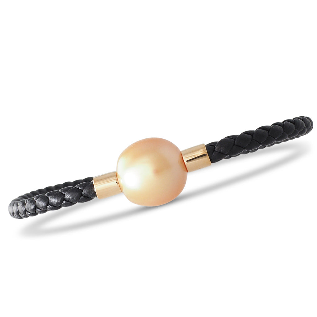 Gold Pearl & Black Leather Bracelet