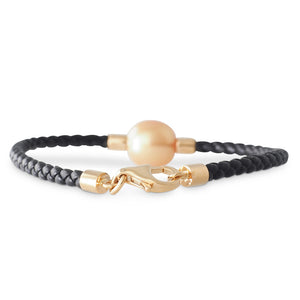 Gold Pearl & Black Leather Bracelet