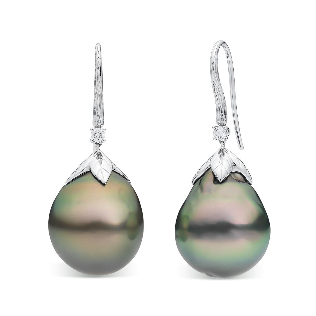 Tahitian Pearl & Diamond Leaf Hooks