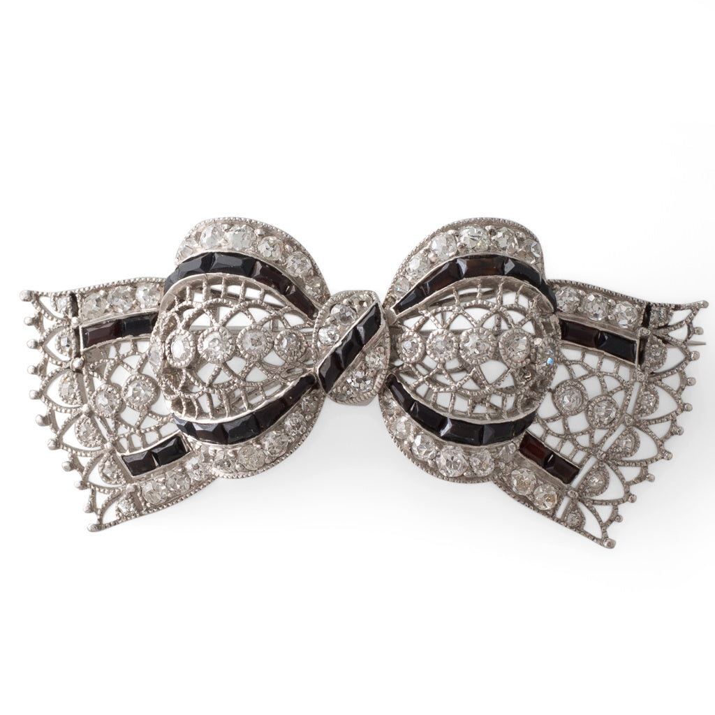 Art Deco Onyx Diamond Bow Brooch
